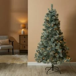 Outlet 🥰 Dunelm 6ft Pre Lit 180 LED Blue Spruce 🎄 Christmas Tree with Silver Tinsel 😉